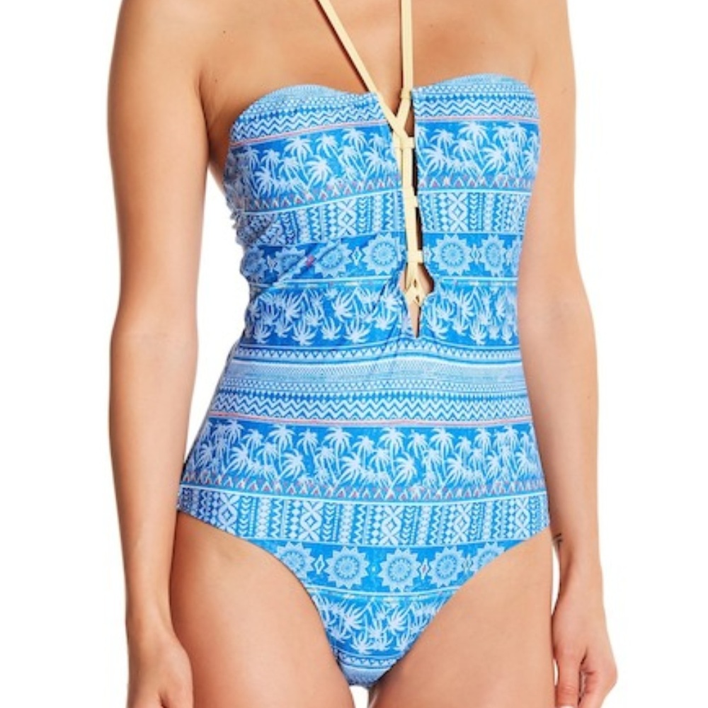 Printed Lace-Up Halter One-Piece Swimsuit